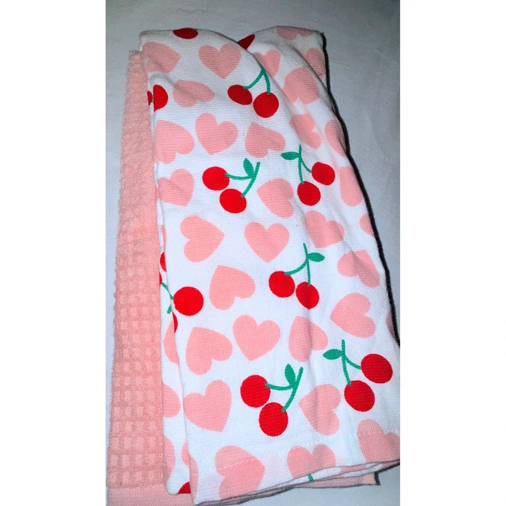 Casaba‎ Kitchen Towel Set Unisex OS White Pink NEW Heart Cherry Embroidered 2pk